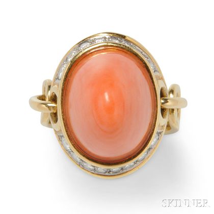 18kt Gold, Coral, and Diamond Ring, Marvin Schluger