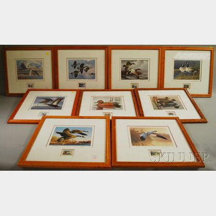 Nineteen Bird's-eye Maple Veneer Framed Waterfowl Stamp Limited Edition Prints