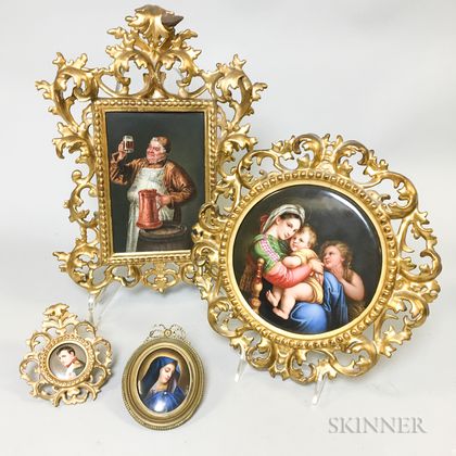 Four Framed Continental Hand-painted Porcelain Portrait Plaques