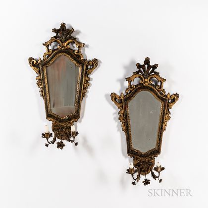 Pair of Venetian Mirrored and Carved Wood Wall Sconces