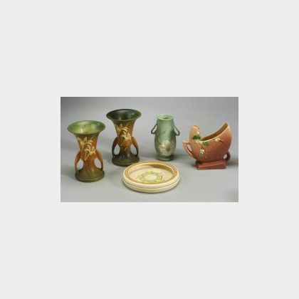 One Weller and Four Roseville Pottery Pieces