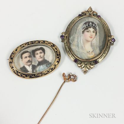 Two Portrait Brooches and a Diamond-set Stickpin