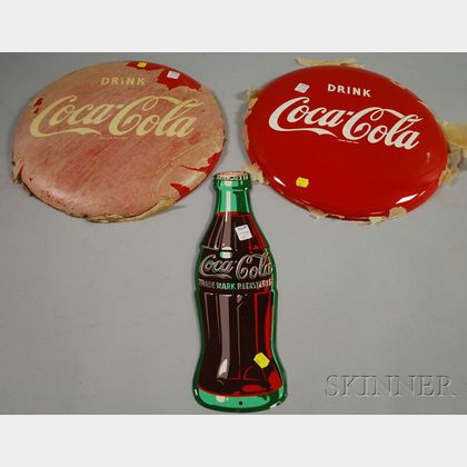 Pair of Coca-Cola Painted Tin Button Signs and a Coca-Cola Painted Tin Bottle-form Sign