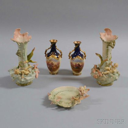 Three German Bisque Porcelain Figural Items and a Near Pair of Austrian Vases