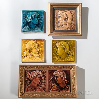 Six Minton Hollins and Co. Art Pottery Tiles Depicting Ancient Peoples of Europe 
