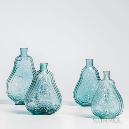 Four Blue/Green Blown Glass Flasks