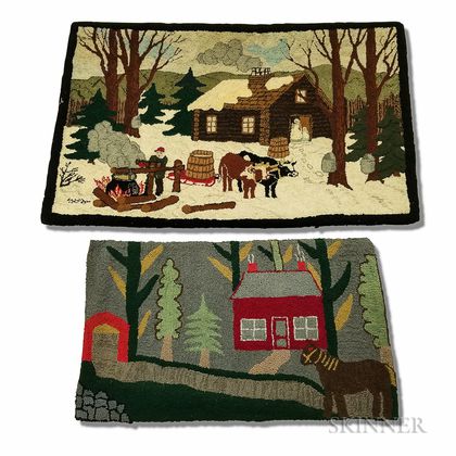 Two Hooked Rugs with Cabin Scenes