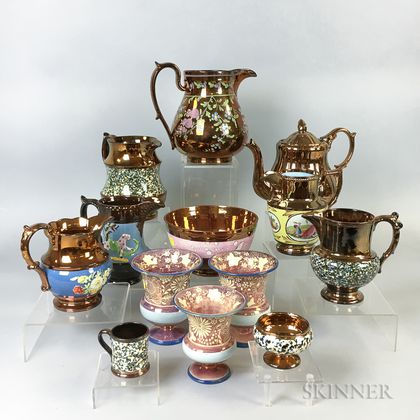 Thirteen Pink and Copper Lustre Ceramic Vessels. Estimate $20-200