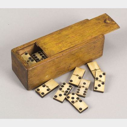 Yellow Painted Lidded Pine Box with Dominoes