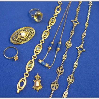 Group of Rings, Bracelet, Silver Gilt and Pearl Pin, Lapis and Gold Chain, and a Cameo Pendant. 