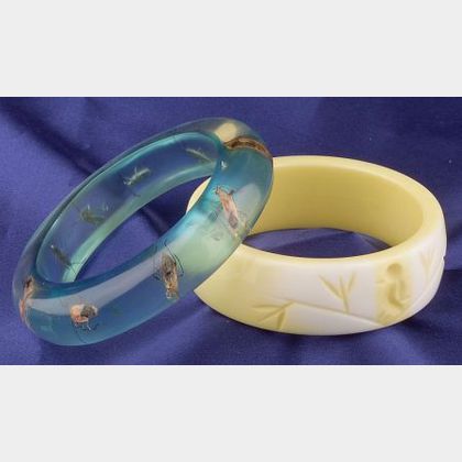 Lucite Transparent Insect and Hard Plastic Yellow Swirl Carved Bangle
