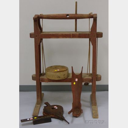 Red-painted Wooden Leg Splint, a Wooden Slide-lid Box with Painted Wooden Dominoes, a Red-painted Cheese Press,... 