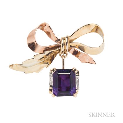 14kt Bicolor Gold, Amethyst, and Diamond Bow Brooch