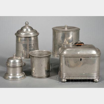 Four Pewter Canisters and a Beaker