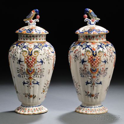 Pair of Polychrome Tin-glazed Earthenware Covered Vases