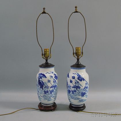 Pair of Blue and White Chinese Porcelain Vasiform Lamps