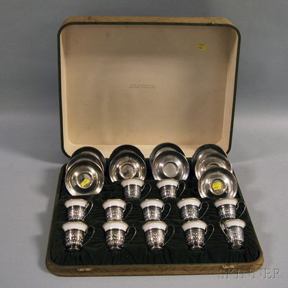 Cased Set of Twelve Gorham Sterling Silver Demitasse Cups and Saucers with Gilt-rimmed Lenox Porcelain Liners