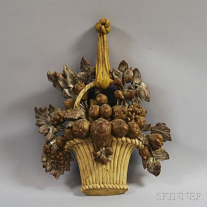 Carved and Painted Basket of Fruit Wall Plaque