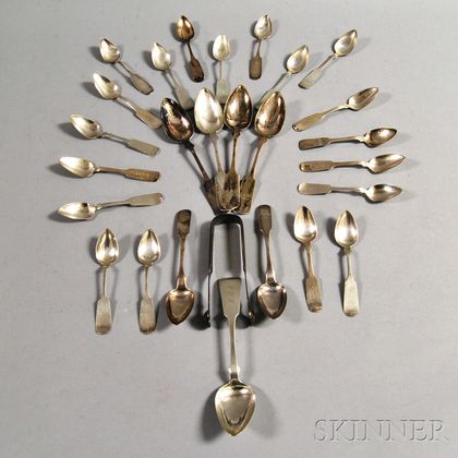 Twenty-six Coin Silver Spoons and a Pair of Tongs