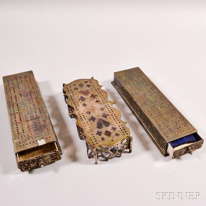 Two Silver-plated Cribbage Boards with Drawer and a Pierced Silver-plated Cribbage Board