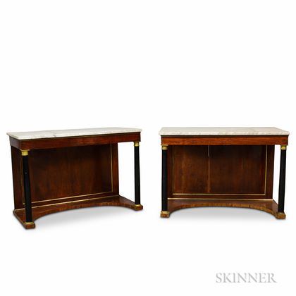 Pair of French Empire Ormolu-mounted Walnut Veneer Marble-top Console Tables