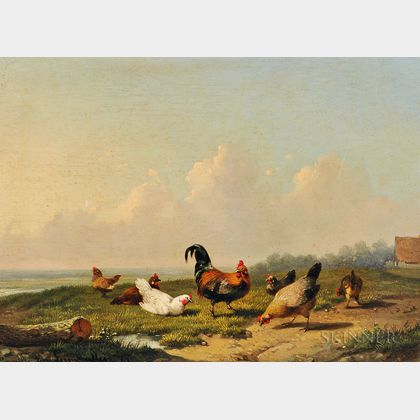 Cornelis Van Leemputten (Belgian, 1841-1902) Chickens in a Landscape