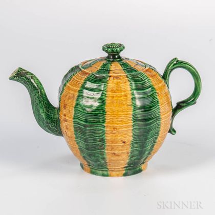 Staffordshire Creamware Melon-decorated Teapot and Cover