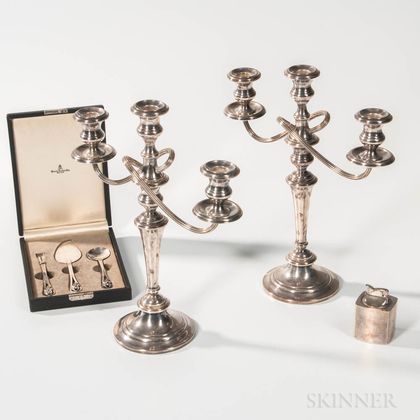 Pair of Sterling Silver Weighted Three-light Candelabra, a Sterling Silver Lighter, and a Georg Jensen Sterling Silver Cheese Set