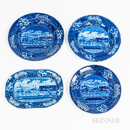 Three Staffordshire Historical Blue Transfer-decorated "Landing of Lafayette" Plates and a Rectangular Serving Dish