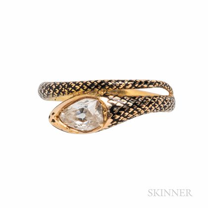 Antique Gold, Enamel, and Diamond Snake Ring