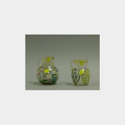 Two French Enameled Crackle Glass Pitchers. 