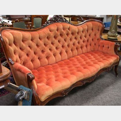 Victorian Tufted Velvet Upholstered Carved Walnut Sofa. 