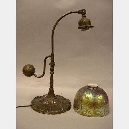 Patinated Cast Bronze Desk Lamp with Favrile Art Glass Shade. 