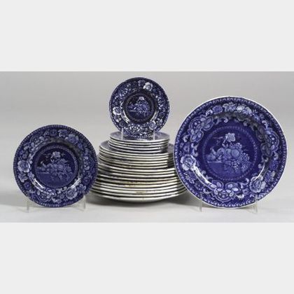 Twenty-four Small Blue Transfer Decorated Staffordshire Pottery Plates