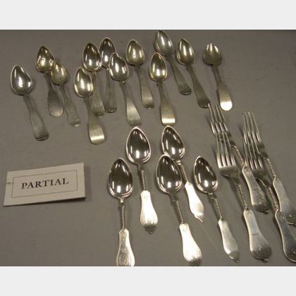 Forty-two Coin Silver Spoons, a Set of Twelve Coin Silver Forks, and an Assembled Set of Twelve Sterling Silver Teaspoons. 