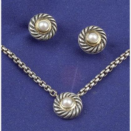 Sterling Silver and Cultured Pearl Necklace and Earstuds, David Yurman