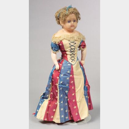 English Wax Doll with Star Spangled Red, White, and Blue Gown