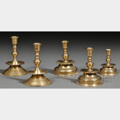 Five Small Brass Capstan Candlesticks