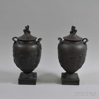 Pair of Modern Wedgwood Black Basalt Homeric Vases