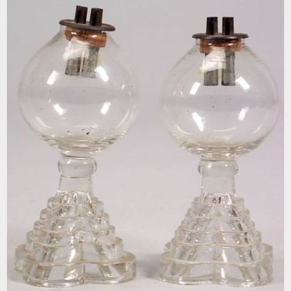 Pair of Colorless Free-Blown and Pressed Glass Whale Oil Lamps