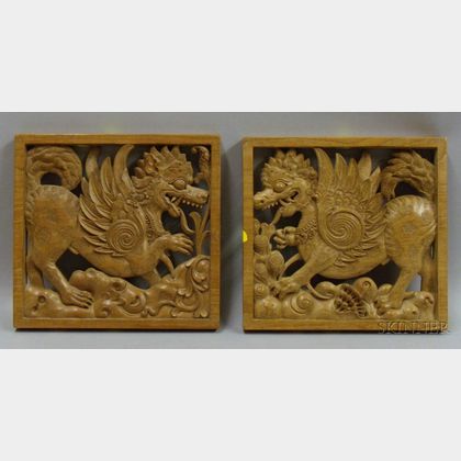 Two Asian Carved Wood Dragon Panels