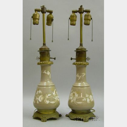 Pair of Gilt-metal Mounted Enamel Floral Decorated Porcelain Table Lamps. 