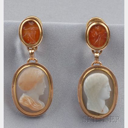 18kt Gold and Antique Hardstone Cameo Earpendants