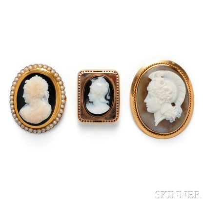 Three Antique Gold and Hardstone Cameo Brooches