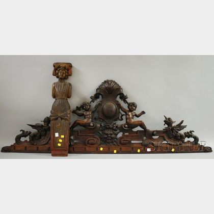 Renaissance-style Carved Walnut Figural Cornice and a European Carved and Painted Wood Figural Architectural Fragment