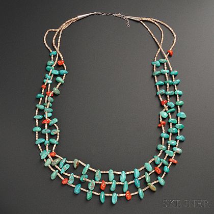 Pueblo Turquoise, Coral, and Heishi Necklace