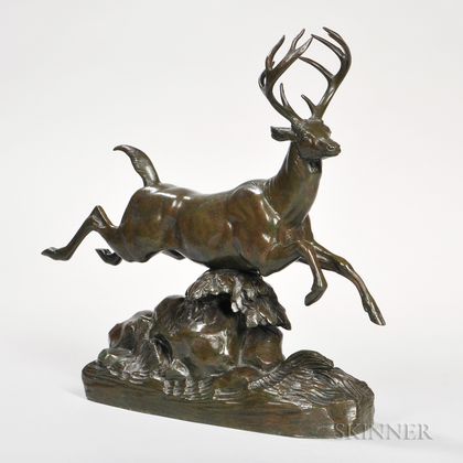 Antoine-Louis Barye (French, 1795-1875) Bronze Figure of a Leaping Stag