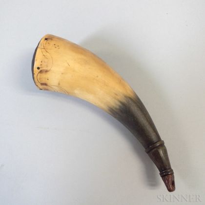 Engraved Powder Horn with Pinwheel-carved Lid