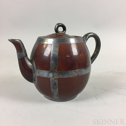 Arts and Crafts Silver-overlay Ceramic Teapot and a Joseph Heinrichs Copper Chafing Dish