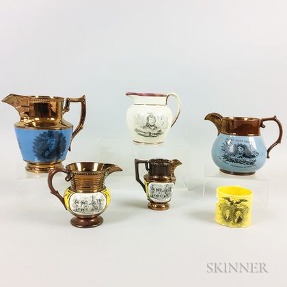 Five Transfer-decorated Copper Lustre Jugs and a "Lafayette/Washington" Yellow-glazed Cup